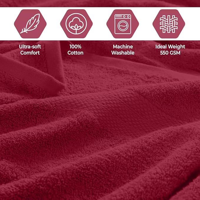 Pack of 8 Towels Set, 2 Large Bath Towels, 2 Hand Towels, 4 Wash Cloths, 100% Cotton, Lighter Weight, Quicker to Dry, Super Absorbent, Perfect for Bathroom (Burgandy)