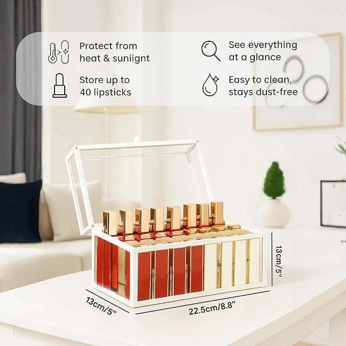 40 Lipsticks Organizer with Lid, Glass Display Box Fits Large Perfume & Skincare, Easy-Access Organiser for Vanity Countertop, Multifunctional Display Box in Any Rooms
