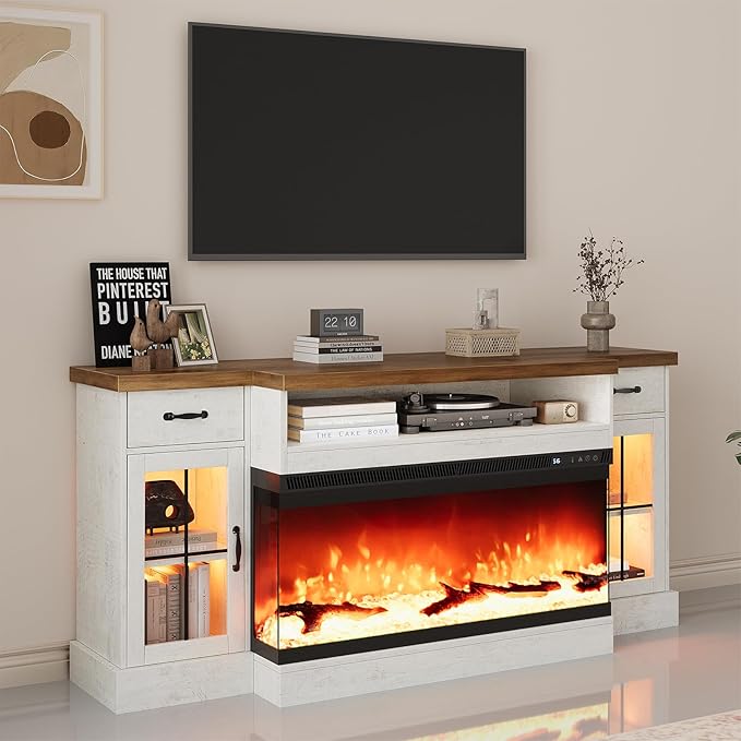 4 EVER WINNER Fireplace TV Stand with 40" Electric Fireplace for 80" TV, 70" Entertainment Center with Adjustable Storage Cabinets, 2 Drawers, TV Consoles for Living Room, White