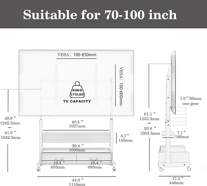 FITUEYES Rolling TV Stand with Drawers for 70 to 100 Large TV Screens,Mobile TV Floor Stand on Wheels with Ample Storage Pegboard & Wooden Shelf, Rolling TV Cart Hold up to 176 lbs, Max VESA 850 x 600