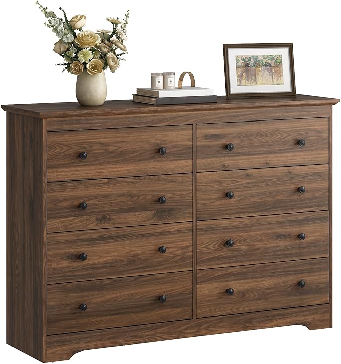 LYNSOM Modern 8 Drawer Dresser, 55.1" Wide Dressers & Chests of Drawers with Large Capacity Storage, Wood Mid Century Storage Dressers Organizer for Bedroom, Hallway, Brown