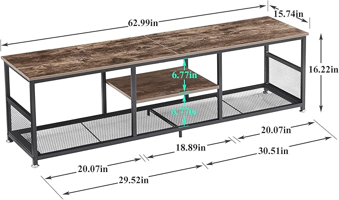VECELO Industrial TV Stand for Televisions up to 70 Inch, 62" Entertainment Center with Open Storage Shelves for Living Room/Bedroom, 3 Tiers Media Console Table with Metal Frame, Brown, 62 Inches