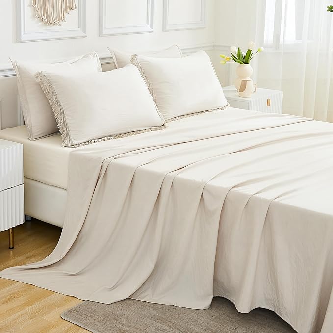 Andency Queen Comforter Set with Sheets Beige -7 Pieces Boho Tassel Bed in a Bag Soft Lightweight Bedding Sets, All Season Fringe Bed Set with Comforter, Sheets, Pillowcases & Shams