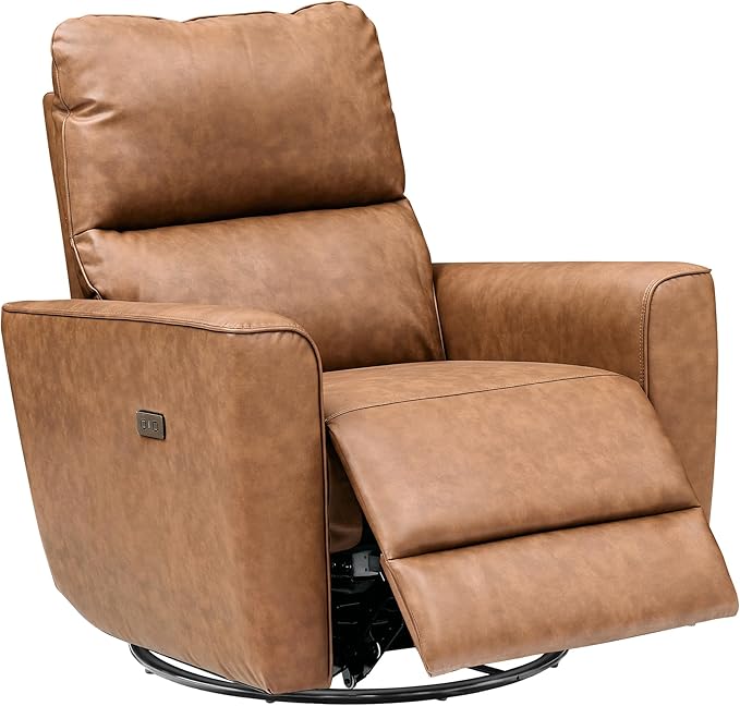 GarveeHome Power Recliner Chair Swivel Glider Upholstered Faux Leather Nursery Rocker Reclining Sofa Chair with Charging Port, Curved Armrests & Padded Backrest (Brown)