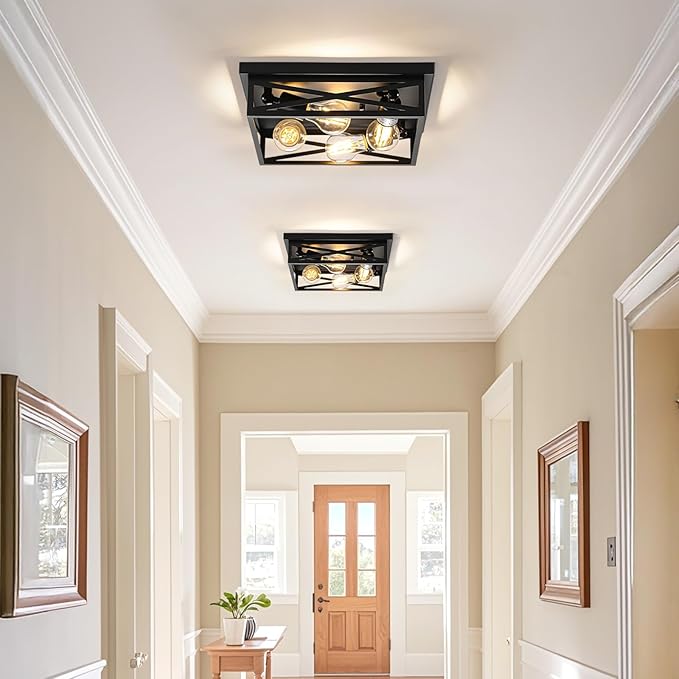 2 Pack Flush Mount Ceiling Light Fixture, Black Hallway Light, Metal Cage Closed to Ceiling Mounted Lights, 4-light Farmhouse Flush Mount Light Fixture for Bedroom Hallway Entryway E26 Base 13in