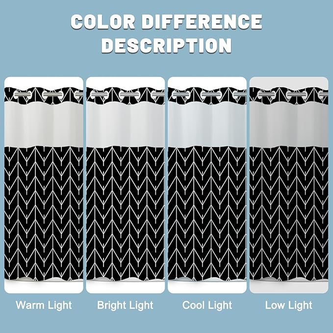 No Hook Geometric Striped Shower Curtain with Snap in Liner Set - Hotel Shower Curtain and Liner Set with See Through Mesh Top Window,Machine Washable, 71x74 INCH - Black White Herringbone