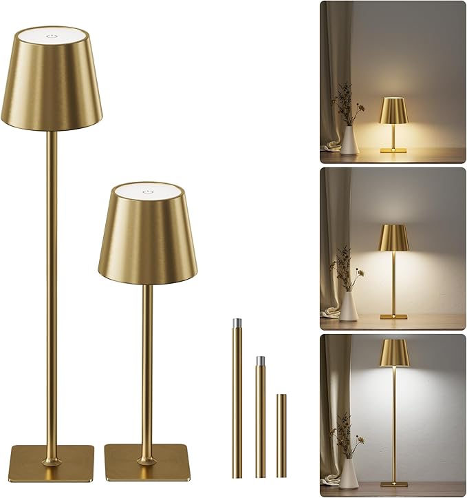 JACKYLED Cordless Lamp DIY Height, 3 Color Stepless Dimming, 5000mAh Battery Operated Lamp Portable Rechargeable for Bedroom Dinning Kitchen, Gold, 2 Pack