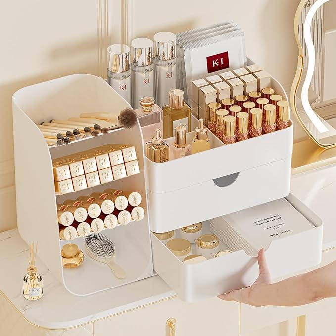 Makeup Organizer with Drawers,Large Capacity Countertop Organizer for Vanity,Bathroom and Bedroom Desk Cosmetics Organizer,Easy To Storage Skincare,Brushes, Eyeshadow,Lipstick (White, Large)