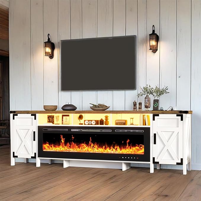 94.5" Fireplace TV Stand for TVs Up to 100", Farmhouse Entertainment Center with 60" Electric Fireplace & LED Lights, Large TV Console for Living Room, Barn Door Cabinet & Open Shelf, White