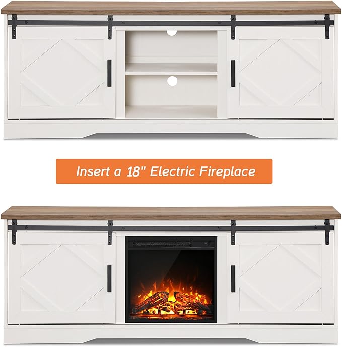 WAMPAT Modern Farmhouse TV Stand for TVs up to 75 inch with Sliding Barn Door,Wood Entertainment Center with Adjustable Media Storage Shelf for Living Room, Cream White