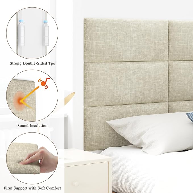 Upholstered Headboard for King Size Bed, Wall Mounted & Peel and Stick Headboard, Soundproof DIY Wall Panels, Fabric Tufted Head board in Modern Design for Bedroom (12 Panels, Each 23.62"x9.84")