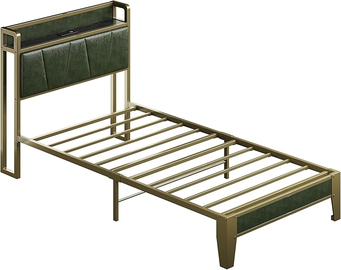 LIKIMIO Twin XL Bed Frame, Storage Headboard with Charging Station, Solid and Stable, Noise Free, No Box Spring Needed, Easy Assembly (Dark Green)
