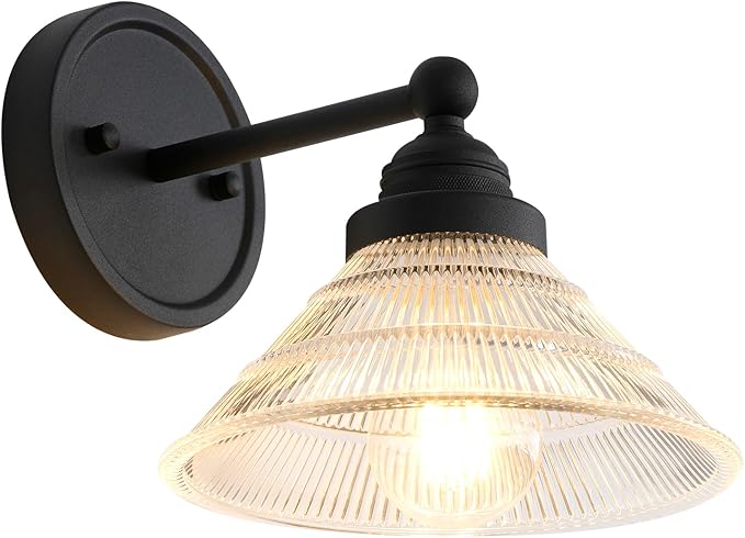 Vintage Wall Sconce 1-Light with Clear Ribbed Glass Shade, Industrial Hardwired Wall Light Fixture for Bedside Living Room Vanity Bathroom Hallway