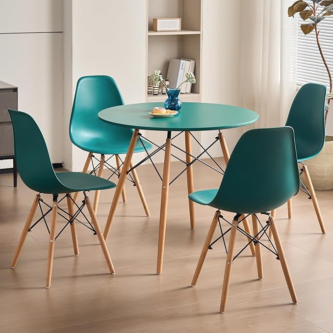 31.5'' 5 Piece Round Dining Table Set for 4, Mid-Century Modern Table with Chairs, Space Saving, Plastic Seats, Wood Legs, Circle Dinner Table for Kitchen, Home, Apartment, Green