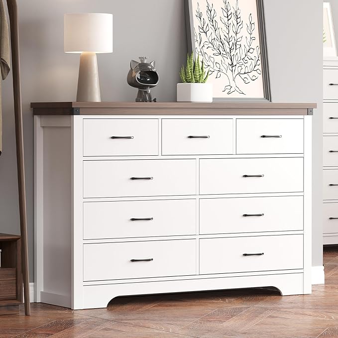 Farmhouse 9 Drawer Dresser for Bedroom, 52" Wide Chest of Drawers, Wooden Dresser TV Stand, Storage Dressers Organizer for Bedroom, Living Room, Hallway, White