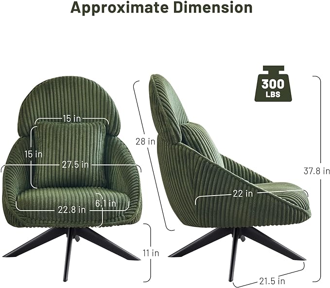 Furniliving Upholstered Swivel Accent Chair for Living Room, Modern Armchair Side Chair with Headrest Bedroom Chair with Metal Legs Comfy Sofa Chairs with Pillow, Large, Corduroy, Green