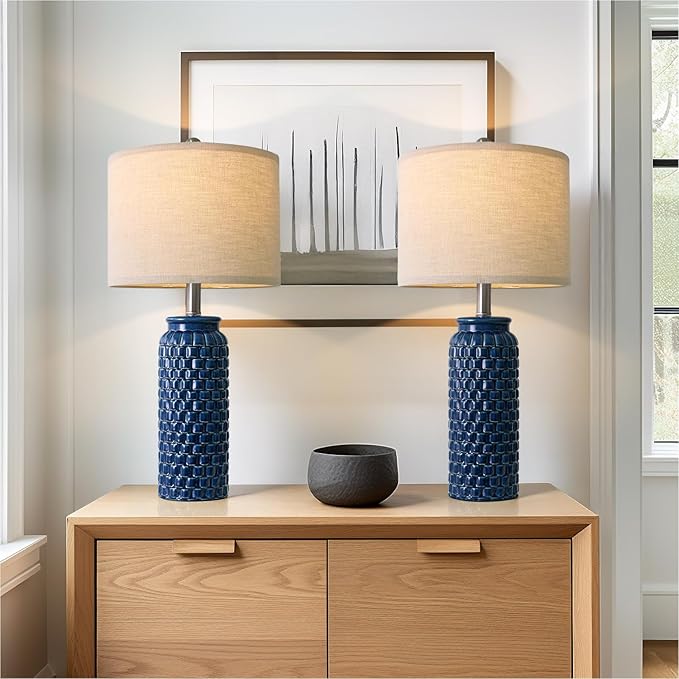 24 inches Modern Ceramic Dark Blue Bedside Lamp Set of 2 for Bedroom Decor Farmhouse Table Lamp for Living Room Office Dorm