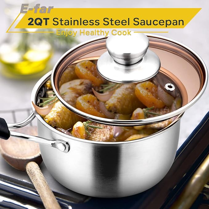 E-far Saucepan with Lid, Max Capacity 2 Quart Stainless Steel Sauce Pot with Glass Lid for Cooking, Easy Clean & Rust Free, Dishwasher Safe