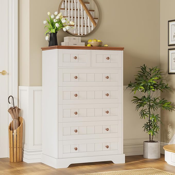 Hasuit White Dresser for Bedroom, Farmhouse 7 Drawers Dresser, 51.4"Tall Dressers Chest of Drawers with Hand Carved Panel, Large Wood Closet Storage Organizers Dressers for Bedroom Living Room Hallway