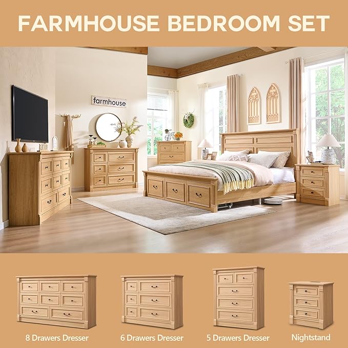 8 Drawers Dresser for Bedroom, Farmhouse 61" Wide Dressers & Chests of Drawers w/Roman Column, Large Storage Dressers Organizer w/Two Different Drawer Sizes for Bedroom,Living Room,Natrual