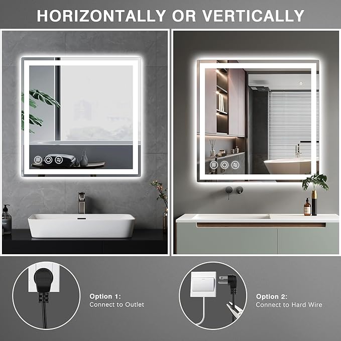 LED Bathroom Mirror 24"x 24" with Frontlit and Backlit, Anti-Fog Bathroom Vanity Mirror, Stepless 3 Colors Temperature & Dimmable Bathroom Mirror, Memory Tempered Glass Mirror for Bathroom