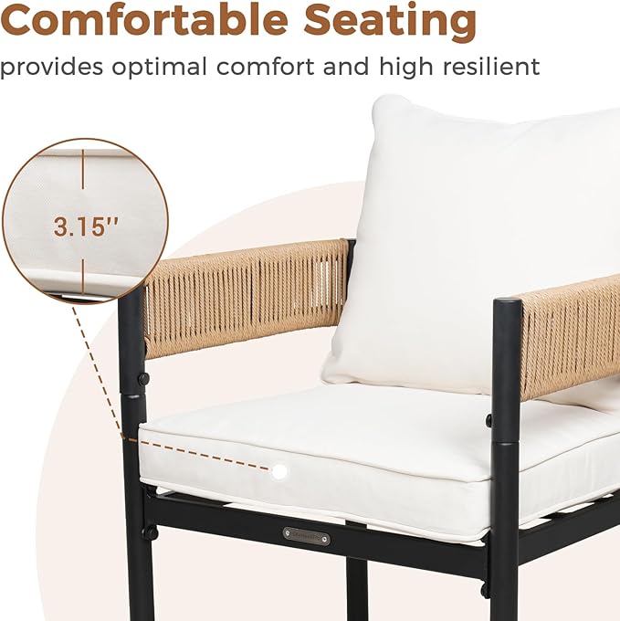 Grand patio Outdoor Dining Set, 7-Piece Patio Table and Chairs Set, Metal Woven Wicker Fixed Patio Chairs with Thickened Cushions & 1 Rectangular Woodgrain Dining Table with Umbrella Hole (Natural)