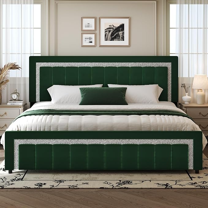 HOMBCK King Size Bed Frame with Diamond Headboard and Footboard, Velvet Upholstered Platform Bed with Wooden Slats, No Box Spring Needed, Easy Assembly, Green