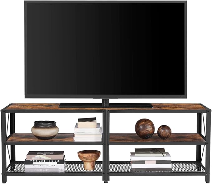 VASAGLE TV Stand, TV Console for TVs Up to 65 Inches, TV Table, 55.1 Inches Width, TV Cabinet with Storage Shelves, Steel Frame, for Living Room, Bedroom, Rustic Brown and Black ULTV094B01