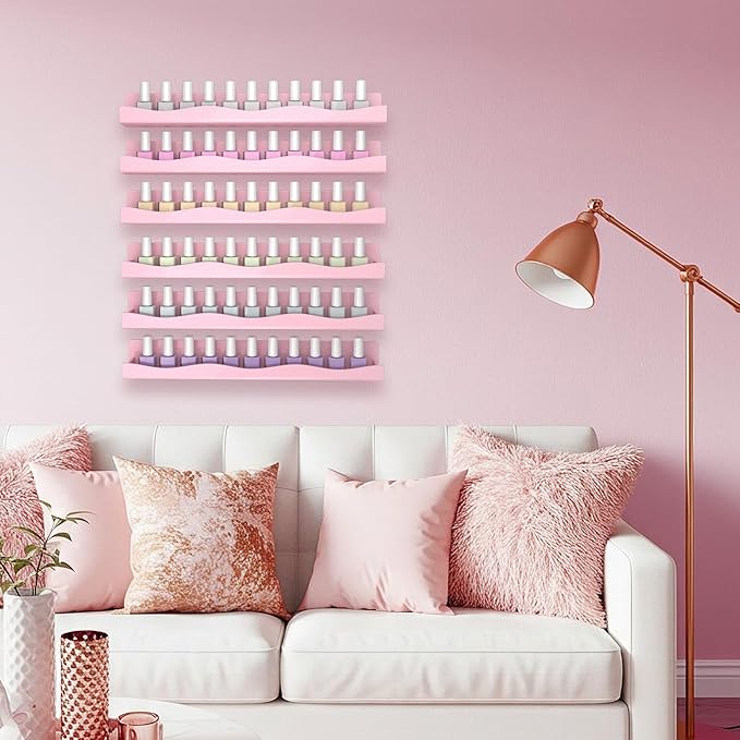 YMVV 6 Pack Nail Polish Wall Mounted Shelf,15 Inch Nail Polish Floating Shelves for 66-90 Bottles Multi-Purpose,Ideal Gift, Great Display for Salons Retailers,Pink