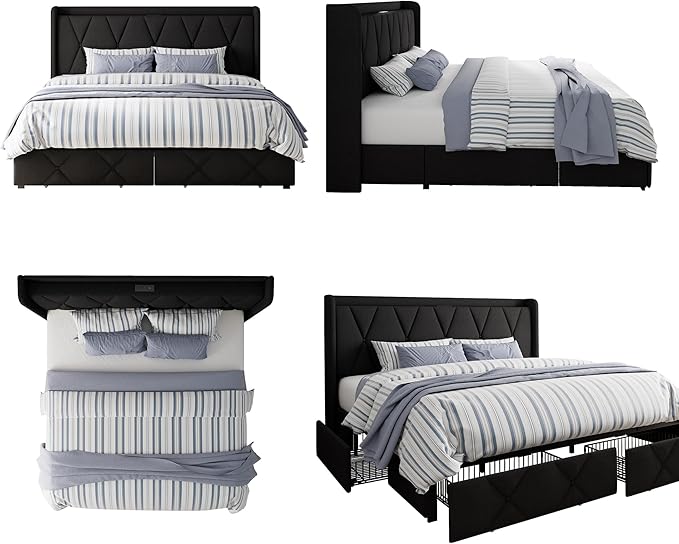 King Bed Frame with 4 Storage Drawers, Upholstered Platform Bed with Charging Station, Modern Wingback Storage Headboard, Easy Assembly,Noise-Free, Black