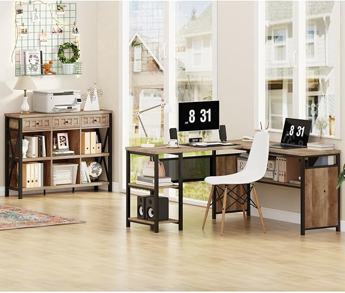 FATORRI Rustic 6 Cube Storage Organizer Shelf with 3 Drawers, Long Horizontal Bookshelf, Industrial Wood and Metal Cubby Bookcase for Living Room (Rustic Oak, 47 Inch)