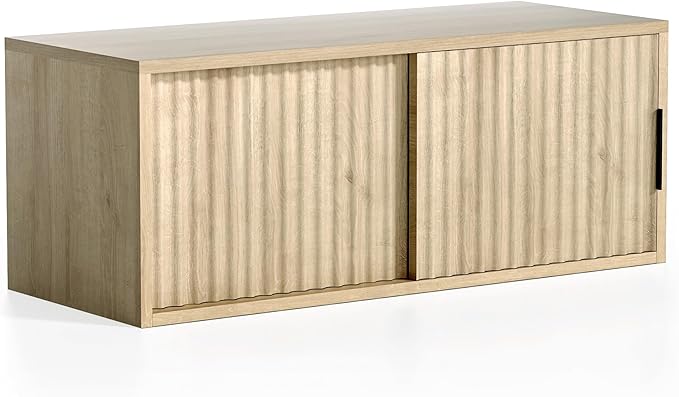 Fluted Floating TV Stand, 30" Multi-Purpose Modern TV Display Shelf Console Entertainment Center Cabinet with Sliding Doors for Bedroom Living Room Entryway, Light Oak