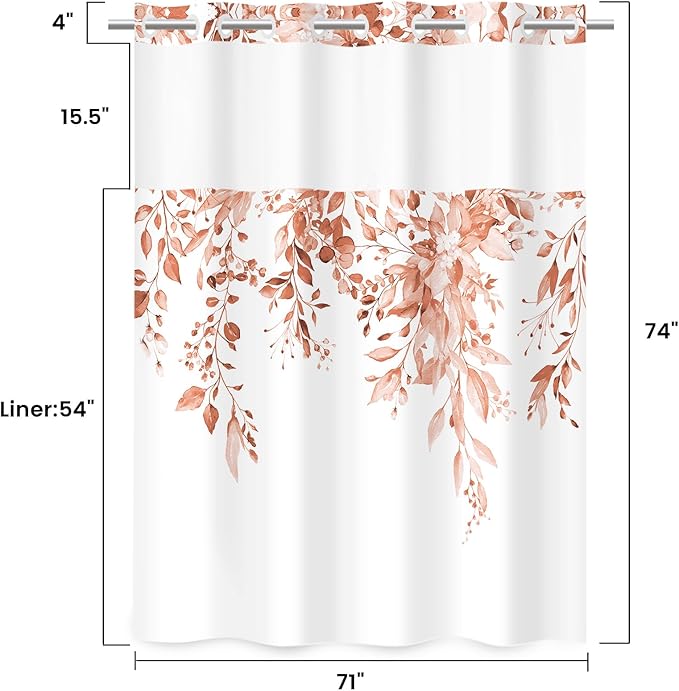No Hook Shower Curtain with Snap in Liner - Eucalyptus Shower Curtain - Washable Waterproof Inner Liner, Plants Blush Leaves Modern Shower Curtains - Machine Washable, 71 x 74