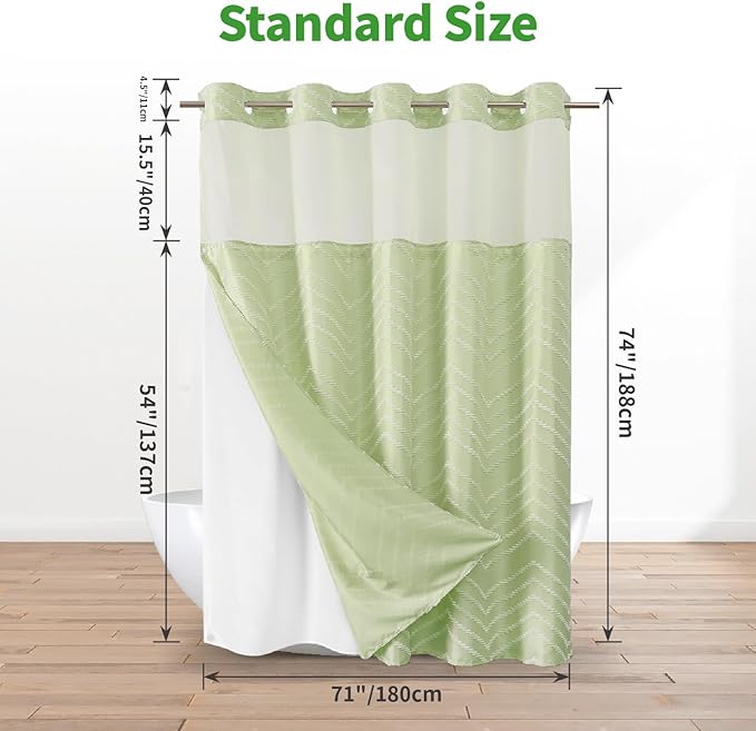 Sage Green No Hook Shower Curtain with Snap-in Liner Set,Boho Modern Farmhouse White Tufted Chevron Striped Design,Woven Fabric Bathroom Curtain,71x74