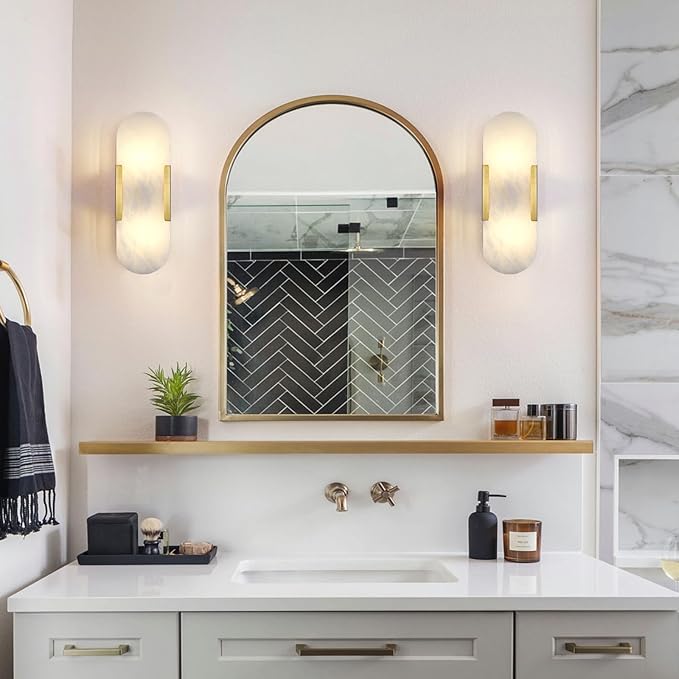 13.8 inch Brass Alabaster Sconces, Indoor Marble Sconces Wall Lighting, Alabaster Sconces for Living Room Modern Alabaster Sconces Wall Lighting for Dining Room Stairs Bedroom