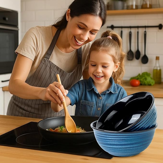MEKY 65oz Ceramic Mixing Bowls Set of 2, Deep Large Ribbed Serving Bowls for Salad, Pasta, Ramen, Soup, Durable Kitchen Bowl Set, Microwave Oven Dishwasher Safe Porcelain,Blue