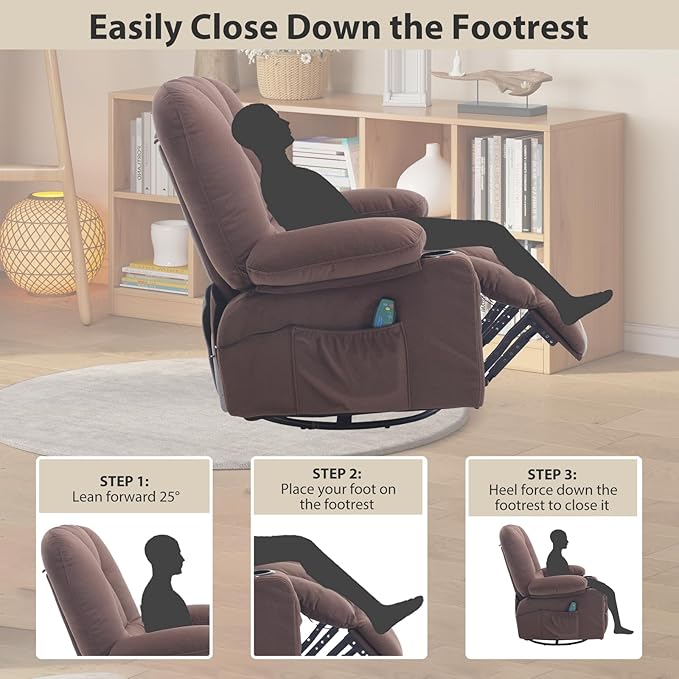 Recliner Chair for Adults, Rocker Recliners with Massage and Heat, Fabric Overstuffed Swivel Glider with Cup Holder Side Pocket, Manual Reclining Sofa Chair for Living Room,Brown