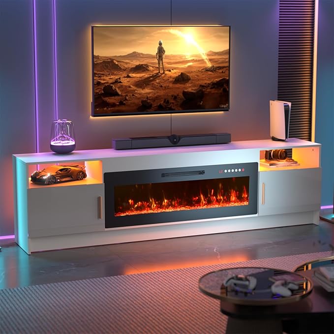 80'' TV Stand with 42''Fireplace-White Entertainment Center for 90 inch TV- TV Cabinet with LED Light, Storage, High Glossy Door, Modern TV Console for Living Room