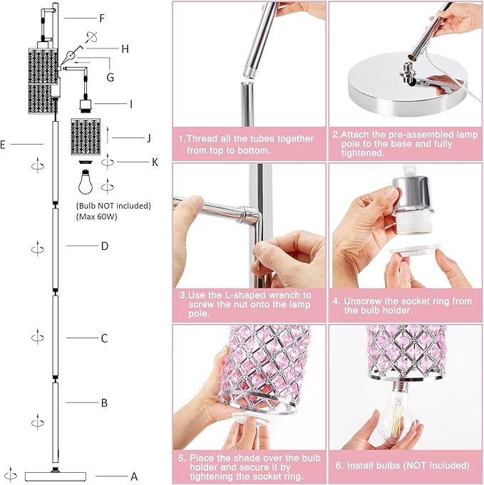 Pink Crystal Floor Lamp, 3-Light Standing Tall Lamp with Sparkling K9 Crystal Shade, Rotary Switch, Easy Assemble Lamps for Living Room, Bedroom, Home Office, Girls Room