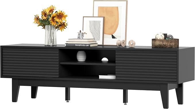 Wooden Fluted TV Stand for 55 65 70 inch TV, Long & Large TV Media Console Table with Storage Cabinets, Boho Farmhouse Entertainment Center for Living Room, Bedroom - Black