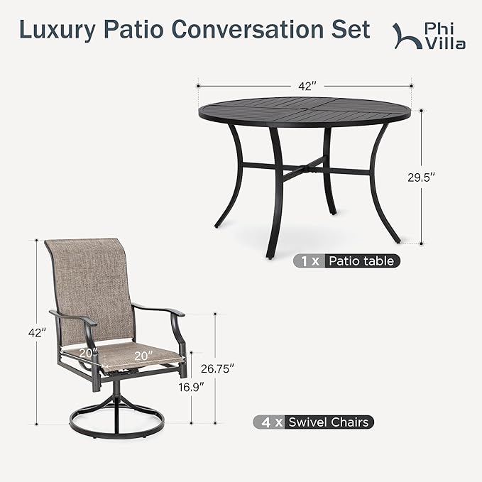 PHI VILLA 5 Piece Patio Dining Set, 4 Outdoor Swivel Dining Chairs and Large Round Dining Table(1.57’’ Umbrella Hole), All Weather Table and High Back Chairs for Outdoor Lawn Garden