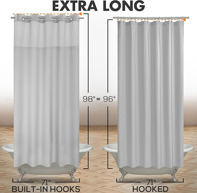 Extra Long No Hook Slub Textured Shower Curtain with Snap-in PEVA Liner Set - 71" x 98"(96"), Hotel Style with See Through Top Window, Grey Fabric Curtain & Waterproof Liner, Gray, 71x98