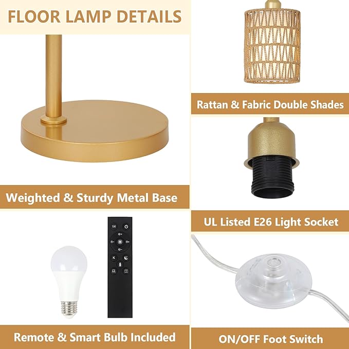 Modern Gold Floor Lamps for Living Room, Boho Rattan Floor Lamp with Remote & Dimmable LED Bulb, Farmhouse Standing Lamp with Rattan Shades, Minimalist Tall Pole Lamp for Bedroom Office