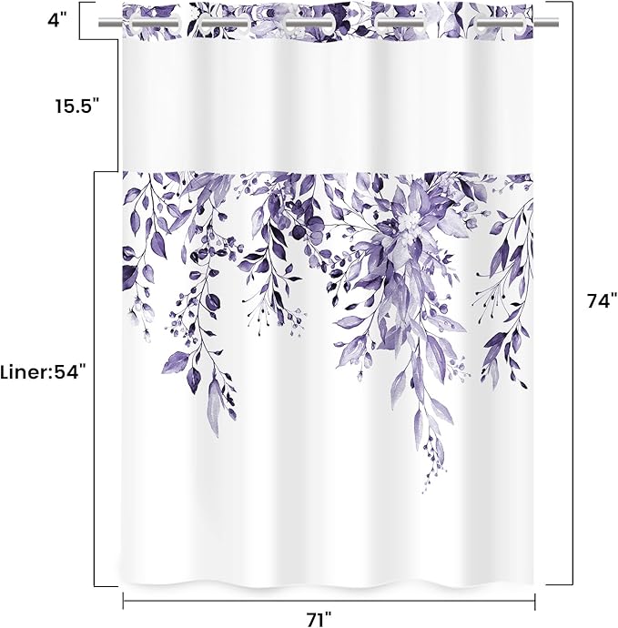 No Hook Shower Curtain with Snap in Liner - Eucalyptus Shower Curtain - Washable Waterproof Inner Liner, Plants Purple Leaves Modern Shower Curtains - Machine Washable, 71 x 74