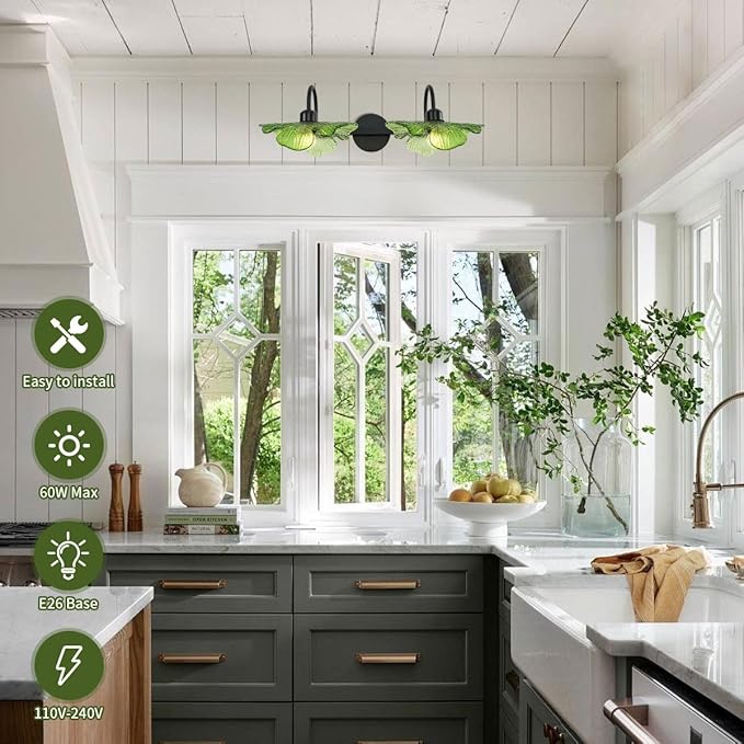 2 Light Black Vanity Light Bathroom Wall Sconce Vintage Wall Sconce Lights Wall lamp with Green Glass Shade Bathroom Vanity Light Over Mirror for Bedroom Hallway Living Room