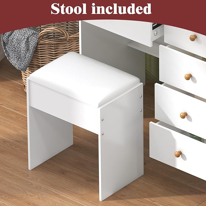 JBLCC Makeup Vanity Desk with Lighted LED Mirror, White Vanity Table with 6 Drawers & Storage Shelves, Modern Dressing Table for Bedroom, Small Vanity Set with Lights