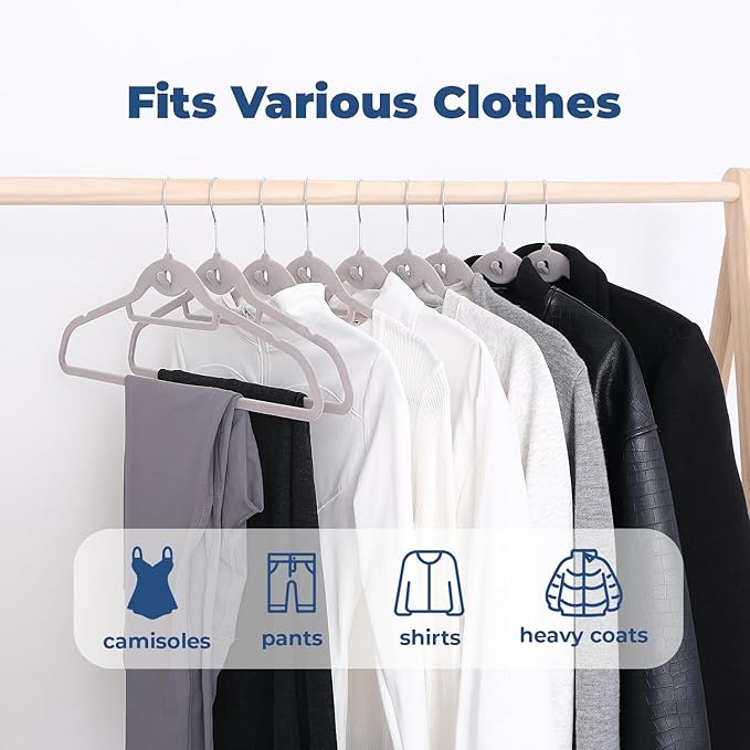 Grey Velvet Hangers 50 Pack, Felt Covered Non Slip Fabric with Stackable Cascading Hook, Ultra Thin and Space Saving with 360° Swivel Neck, 15Lbs Capacity for Clothes, Suit, Shirt, Coat