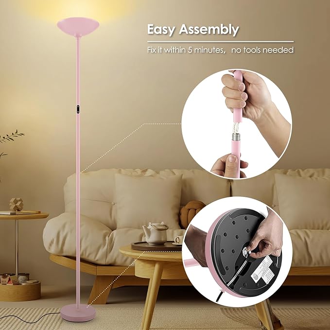 Stepless Dimmable Floor Lamp,30W 3000LM Super Bright LED Torchiere Floor Lamps with Remote & Touch Control,71 in Tall Modern Standing Lamp for Living Room Bedroom Office,2700k-6500k,Pink
