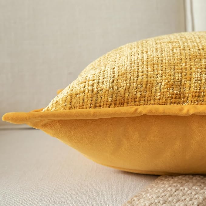 Yaertun Pack of 2 Chenille Textured Decorative Throw Pillow Covers Accent Solid Cushion Cover Soft Cozy Pillow Case with Velvet Back for Couch Sofa Bed Living Room 20x20 Inch Yellow