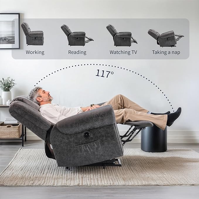 FLEXISPOT Power Lift Recliner Chair for Elderly with Massage & Heat, Faux Leather Electric Reclining Chair for Seniors with USB Ports, Cup Holders & Side Pockets(Medium Size,Charcoal Gray